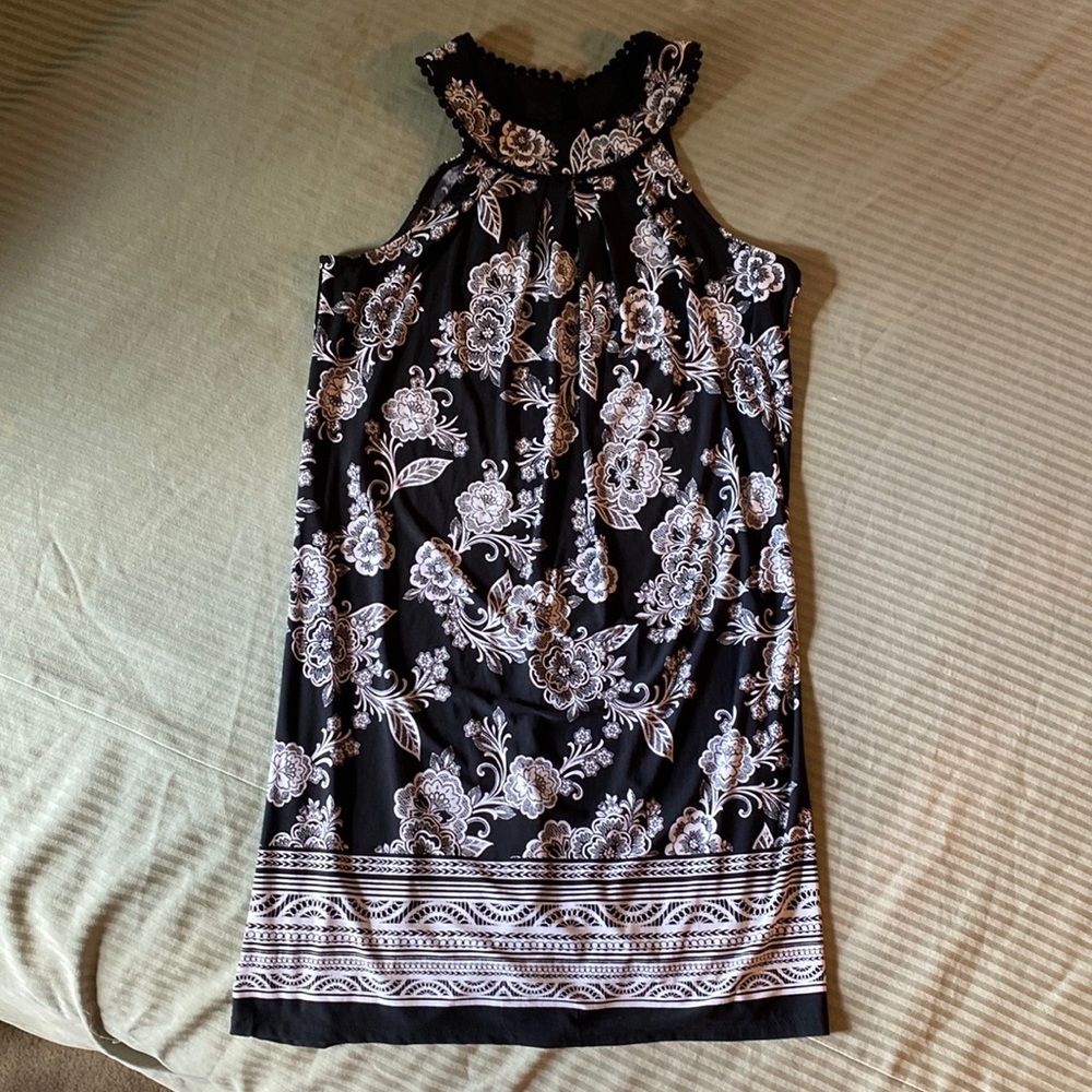 Open Racer Back Style, No Sleeve Black Floral Dress.  Swing Dress